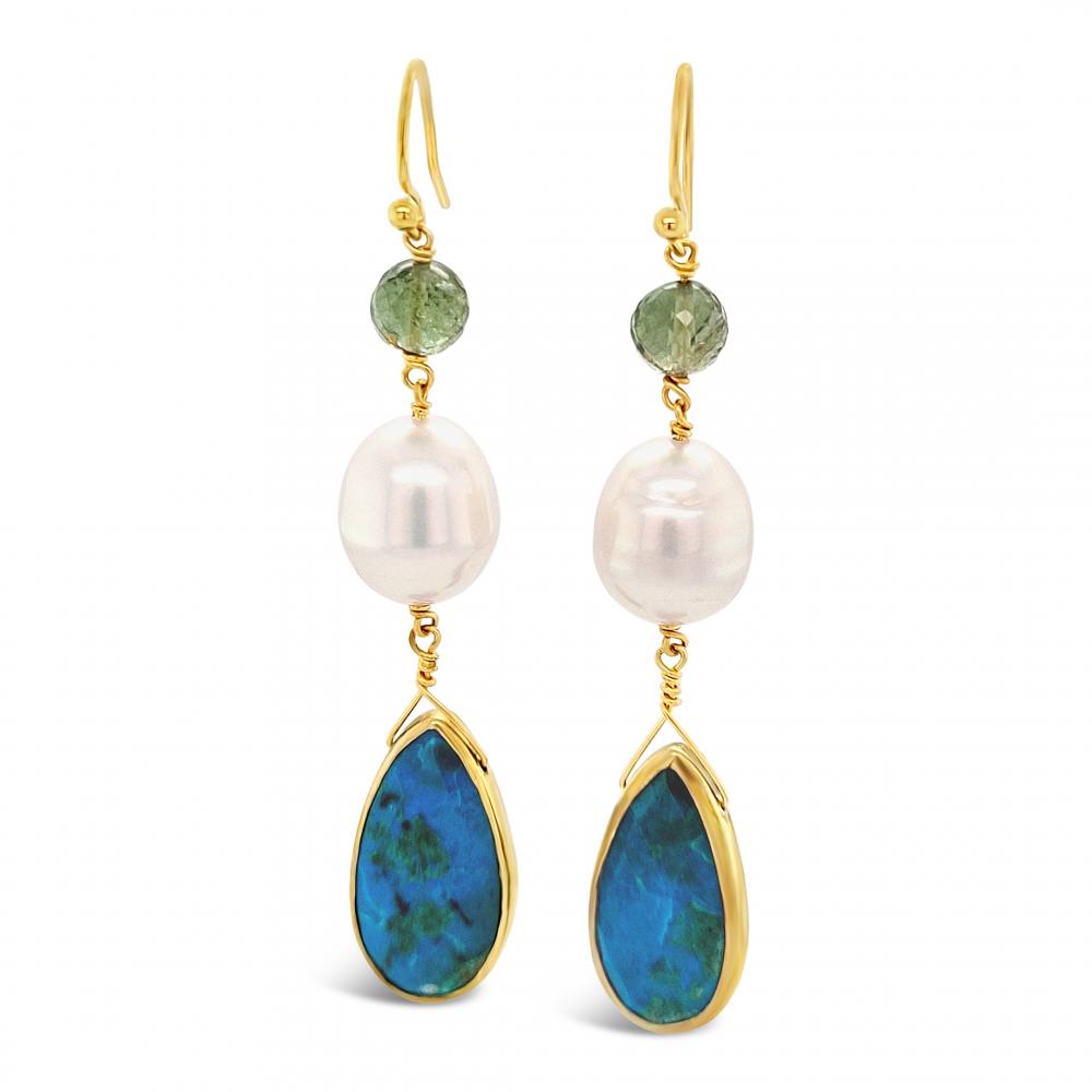 Pearl & Ferozi Chandbali Earrings | Gold Plated Silver Jewellery