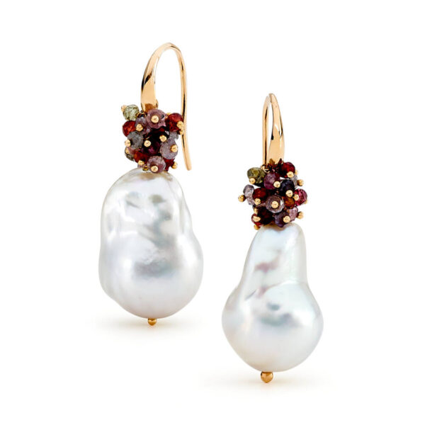 baroque pearl spinel cluster earrings rose gold