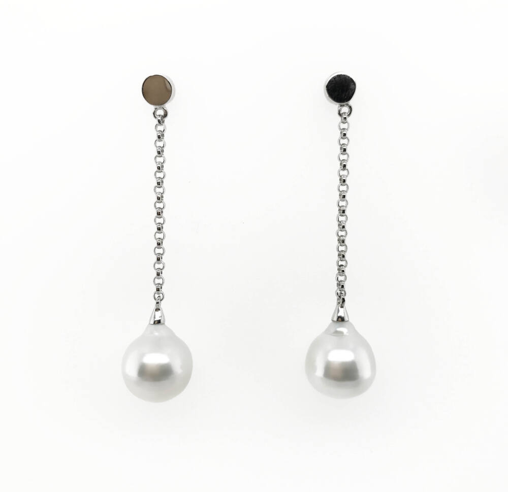 A pair of 10mm Australian South Sea Pearls, 10mm in size, drop-circle shape, AAA luster, grade 2. Set on sterling silver belcher chain, fixed with post and butterfly studs. 