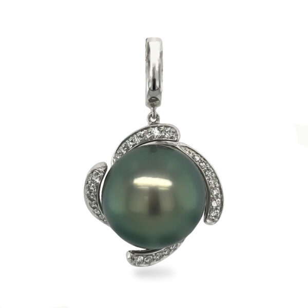 A 14 mm Tahitian Pearl, button in shape, green in colour, AAA luster and grade 1, set on 14 carat white gold enhancer pendant, amongst a swirl of 28 diamonds, totaling 0.25 carats.