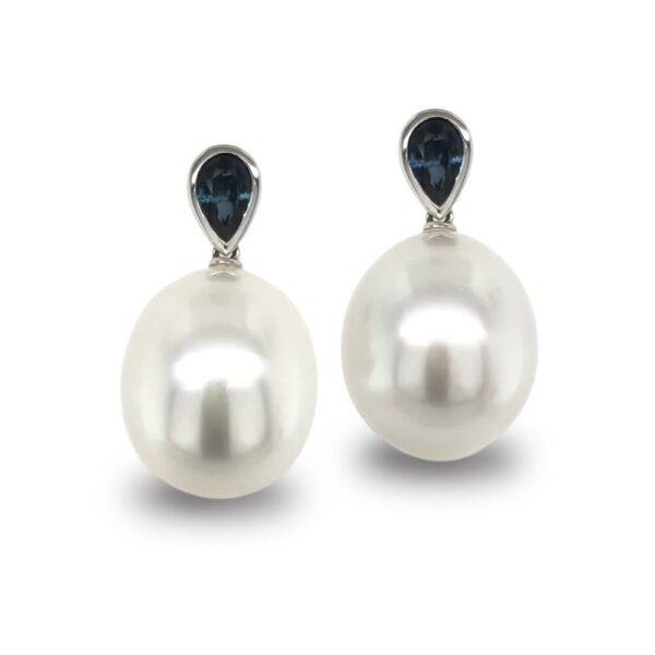 white pearl and blue sapphire earrings