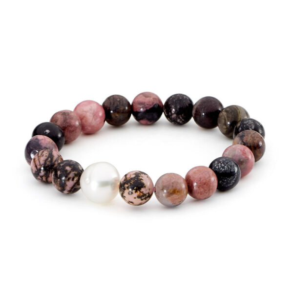 Pink & Black Rhodonite with South Sea Pearl Elastic Bracelet
