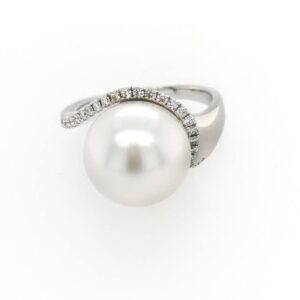 White Gold & Diamond Swirl Pearl Ring