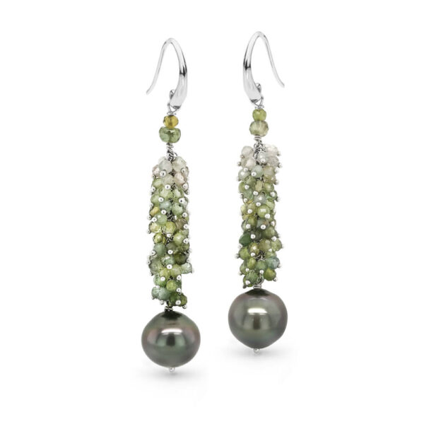 Green Tourmaline and Tahitian Pearl Cluster Earrings