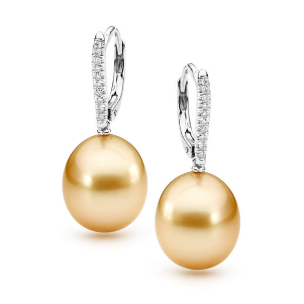 White Gold Lever Back Earrings with Golden South Sea Pearls