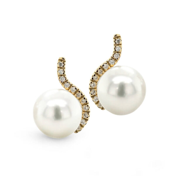 Diamond Set Castle Set 11mm South Sea Pearl Earrings