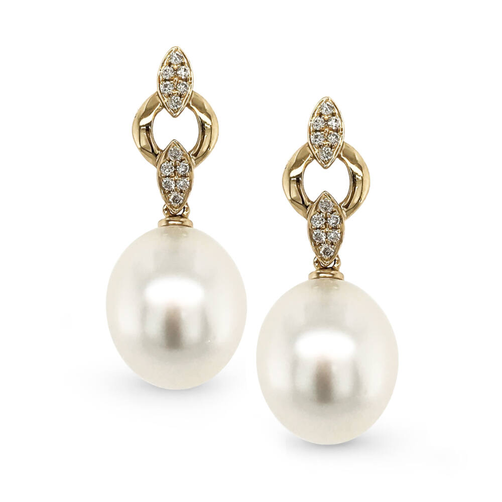 White South Sea Pearls set on Yellow Gold Diamond Stud Drop Earrings