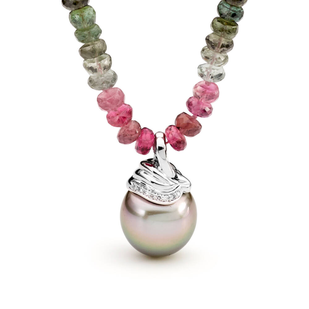 Multi Coloured Tourmaline Necklace with a Tahitian Pearl Enhancer