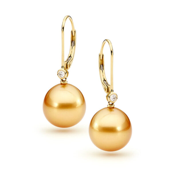 Golden South Sea Pearls on Diamond Lever Back Earrings