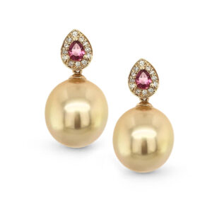 Tourmaline & Diamond Golden South Sea Pearl Drop Stud Earrings