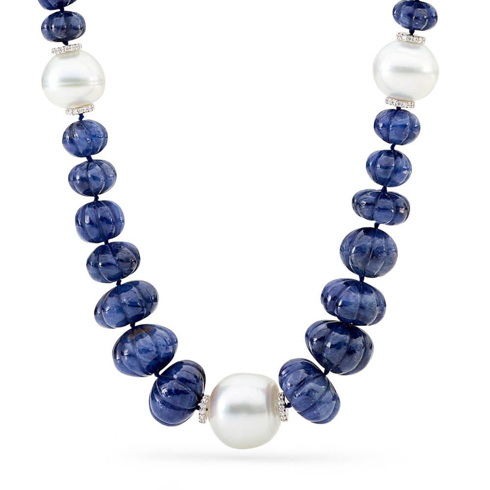 Carved Sapphire Beads & South Sea Pearl Necklace