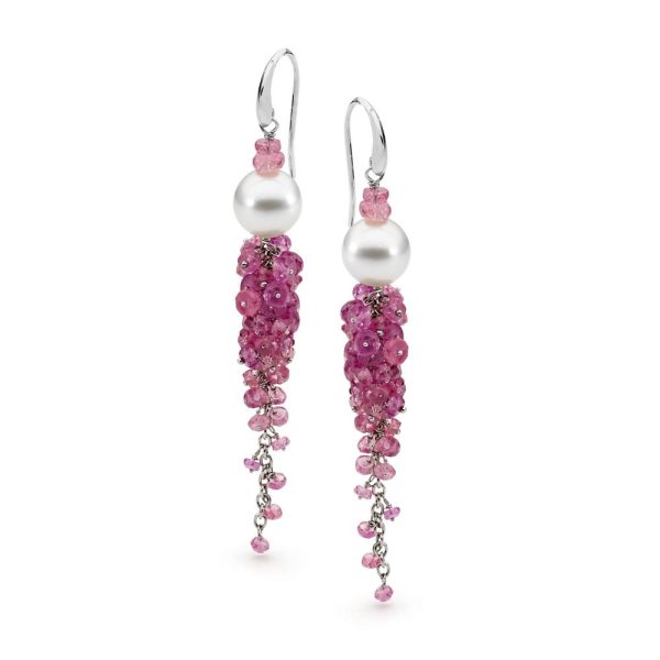 Pink Sapphire, Pearl and White Gold Cluster Earrings