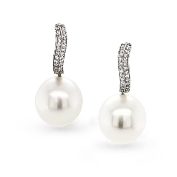 14mm South Sea Oval Pearls on Diamond Set White Gold Huggies