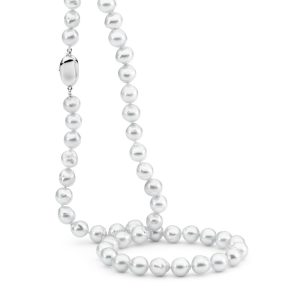 A necklace consisting of beautiful baroque shaped Akoya Pearls, silver- blue in colour, grade 2 with a AAA luster. The pearls graduate in size from 8mm at the back to 9mm at the front. The necklace is fastened with a sterling silver push clasp