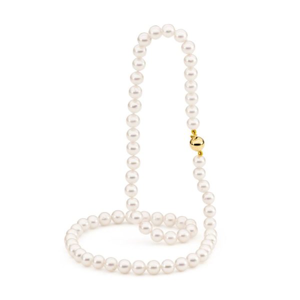 A beautiful strand of Akoya Pearls, a stunning white-pink in colour, with a AAA luster these pearls really glow. The skin grade is 1-2, and the shape is round. The pearls are slightly graduated in size from 6mm to 6.5mm. The necklace is fastened with a 7mm round, 9 carat yellow gold ball clasp and strung to a length of 43cm long.