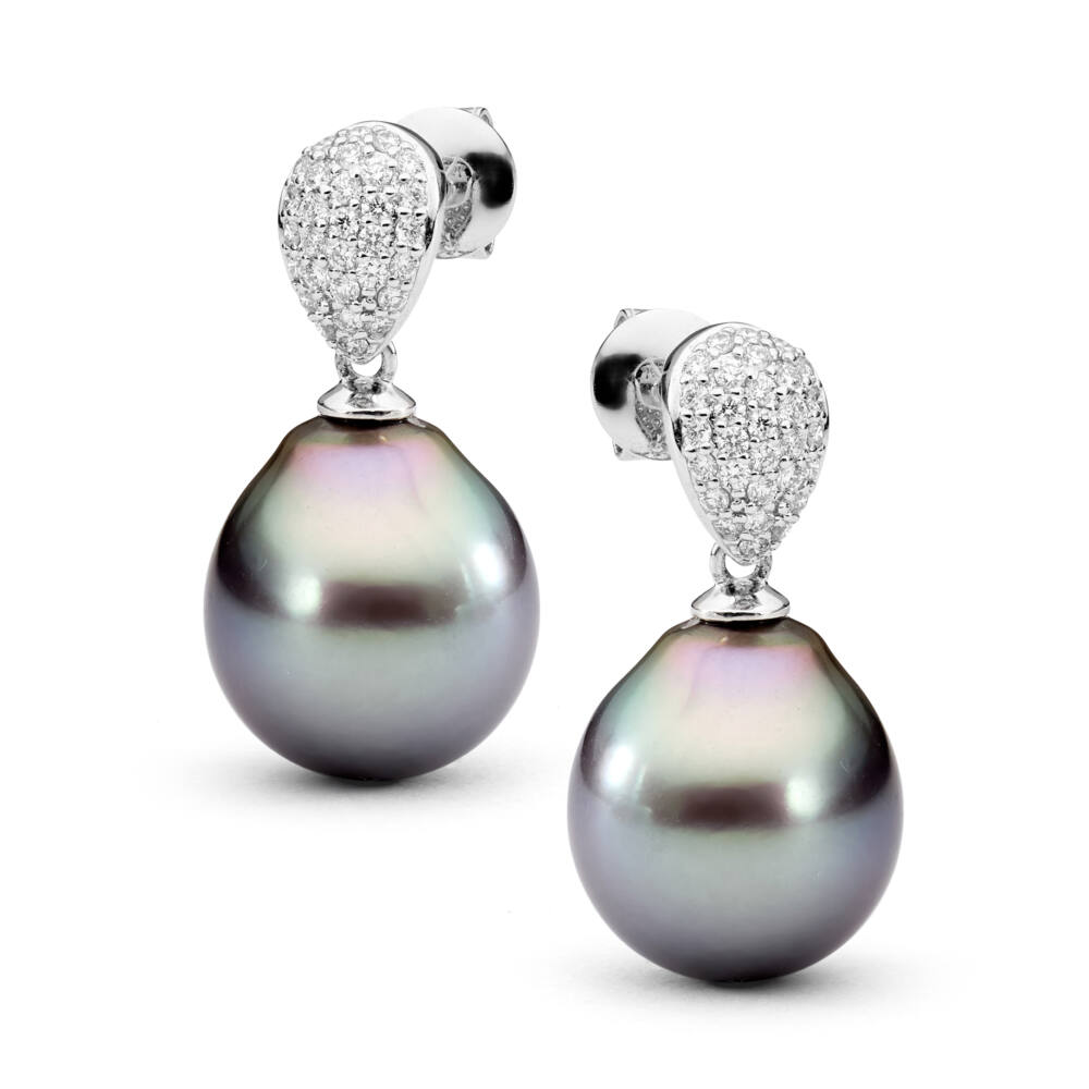 Large Tahitian Pearl & Diamond Tear Drop Stud Earrings