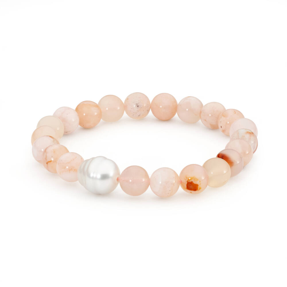 South Sea Pearl & Cherry Blossom Agate Bead Gemstone Bracelet