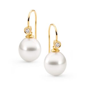 10mm Drop South Sea Pearls set with a single bezel set diamond hook Earrings
